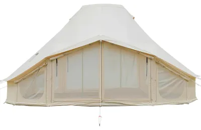 Image de SucceBuy - Grande tente tipi pour 4 saisons, 6x4x3,1 m, tente tipi avec ouverture pour cheminée et protection contre la pluie, fabriquée en polycoton, adaptée pour jusqu'à 12 personnes, idéale pour le camping en famille et les aventures en plein air, couleur beige