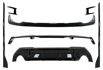 Productafbeelding van Aero-bodykit, voorbumper, diffuser en spoiler voor BMW 1-serie F40 M Sport, modeljaar 2019 en later, in zwarte kleur.