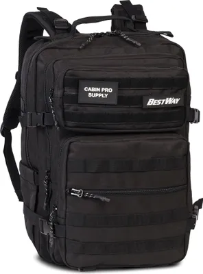 A black backpack is shown against a white background.