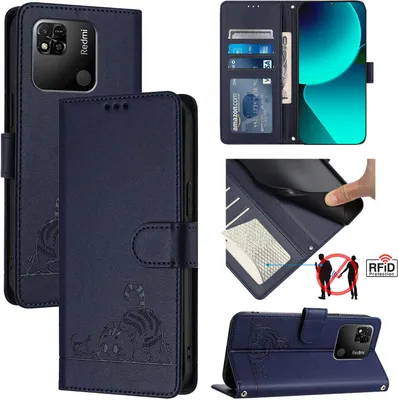 Produktbild von Leder Hülle für Xiaomi Redmi 10A /Redmi 9C Süße Katze Flip Case Brieftasche Schutzhülle mit Standfunktion Blau