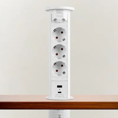 Produktbild von Motorbetriebene, versenkbare Wandsteckdose – weiß, 3-fach mit Kindersicherung, 2x USB (3,1A), 230V 16A, 3500W [20451W]