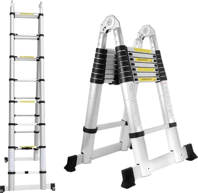 Produktbild von Wolketon 5M(2.5+2.5M) Alu Teleskop Klappleiter, Groosse Anwendbarkeit Multifunktionsleiter, Klappbar Leiter, 150 kg Belastbarkeit Leiter fuer Garten Innen
