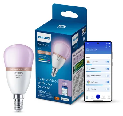 Produktbild von Philips Smarte LED-RGB-Lampe P45, E14-Sockel, 470 lm, Wi-Fi/Bluetooth, Wi-Fi 4 (802.11n), 802.11b, 802.11g, LED, E14, P45, Multi