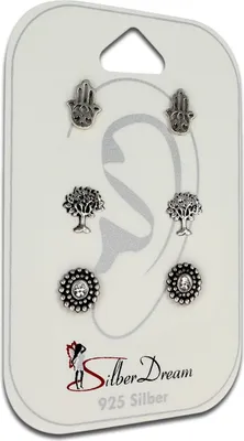 Imagen del producto de Conjunto de joyería SilberDream, 3 pares de pendientes tipo piercing, plata de ley 925, dije conmemorativo, color blanco, modelo SDS805