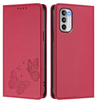 Produktbild von Lederhülle für Motorola Moto G 5G 2022, Schmetterling Prägung Leder Brieftasche Schutzhülle mit Ständer Rot