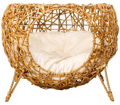 Produktbild von Katzenbett, Katzenkorb, Katzenhaus aus Rattan mit dickem Kissen, ? 40 x 32 cm, hellbraun