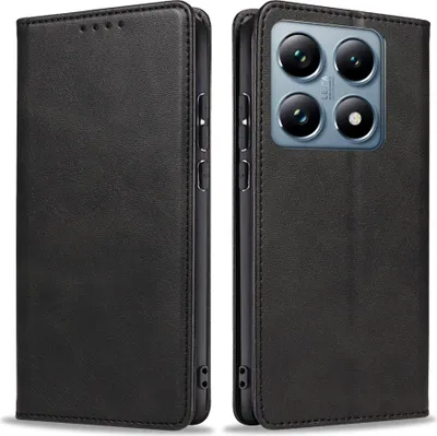 A black leather flip case for a smartphone is shown from two angles.