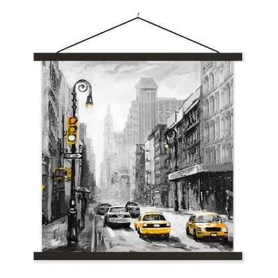 Produktbild von MuchoWow® Textilposter Gemälde - Ölfarbe - Stadt - Auto 90x90 cm mit schwarzem Rahmen - Magnetisches