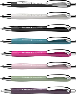 A collection of eight different colored pens arranged vertically.