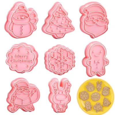 Image de Moules à biscuits de Noël, 8 pièces, en plastique, en 3D, pour décorer gâteaux et biscuits : Père Noël, sapin de Noël