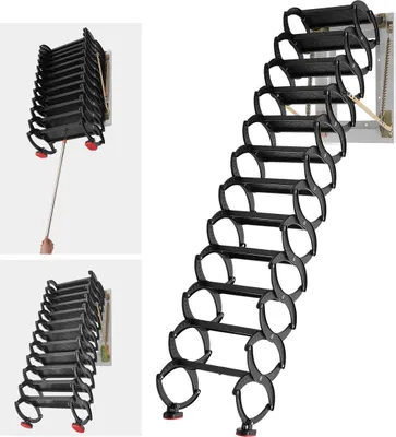 Obrázok produktu pre Povrchový rebrík na stenu, nosnosť 660 libier/299,4 kg, vhodný pre stropnú výšku 9,5 až 10 stôp, 12-stupňové oceľové skladacie schody s madlami, sklopné rebríky do podkrovia, garáží, na strechy a do pivníc
