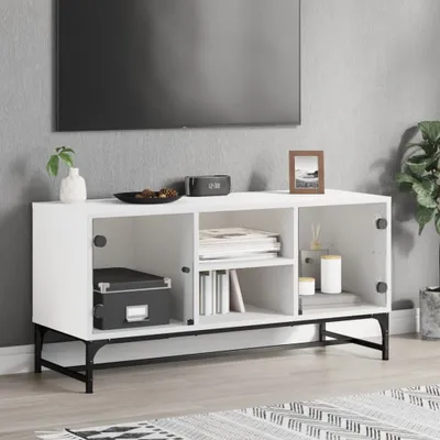 Image de Meuble TV exclusif - Meuble TV avec portes en verre, blanc, 102x37x50 cm