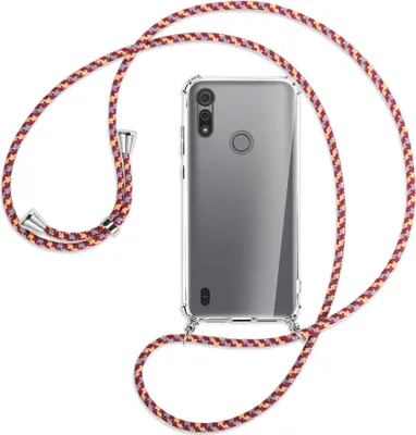 Produktbild von Handykette Backcover-Schutzhülle mit Band (Metall silberfarben) für Motorola Moto E6s - weinrot/gelb/grau