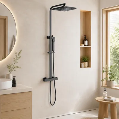 Immagine prodotto di Sistema doccia con miscelatore termostatico, doccia a pioggia, soffione regolabile e doccetta manuale, in ottone nero