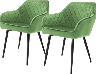 Two green upholstered chairs with black metal legs are shown against a white background.