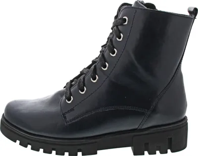 A black leather lace-up boot is shown against a white background.