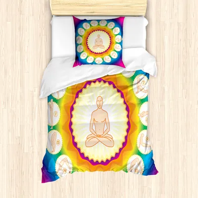 Produktbild von ABAKUHAUS Yoga Mantele, Yogi Lotus Posture Poses, Milbensicher Allergiker geeignet mit Kissenbezügen, 135 cm x 200 cm - 80 x 80 cm, Mehrfarbig