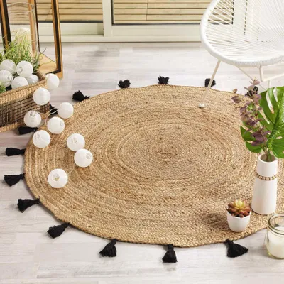 Productafbeelding van Omgoods - Ronde Jute Vloermat met Pompoms - Ø 120 cm, Shira Zwart