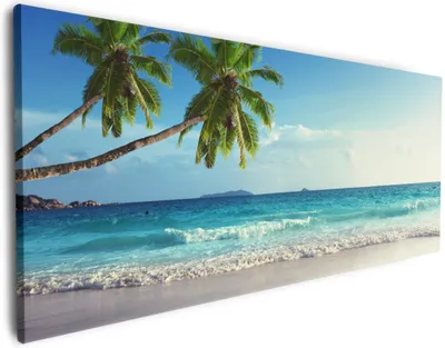 Produktbild von Wallario Premium Leinwandbild Sandstrand auf den Seychellen - Urlaub unter Palmen in Größe 60 x 150 cm