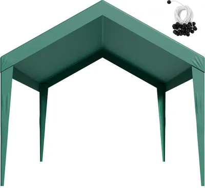 A dark green carport canopy with four legs, shown from underneath. A bundle of black ball bungees is in the upper right corner.