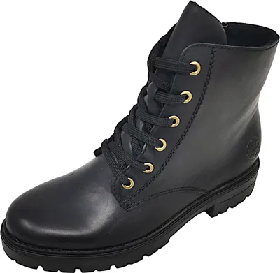 A black lace-up boot on a white background.