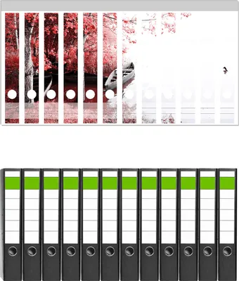 Produktbild von Wallario 12 Stück schmale Ordner inkl. Klebeetiketten mit Motive Romantische Bootsanlegestelle in rot-weiß -  Set mit Rückenschildern / Ordnerrücken Stickern