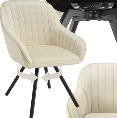 A cream-colored armchair with a black base and legs, shown from a slightly angled front view. There are two white arrow graphics indicating rotation around the base.