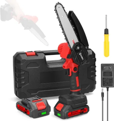 Produktbild von Elektrische Astsäge - 21V Akku Kettensäge 15 cm - Einhand Mini Kettensäge - 2 Akkus - EU Stecker - Rot A