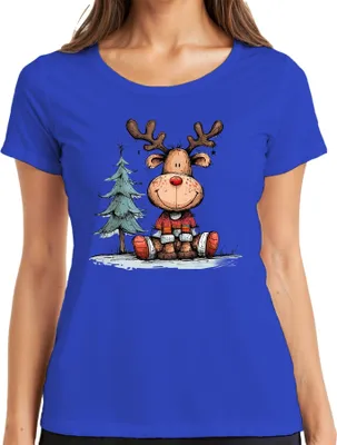 Produktbild von Lustiges Rentier mit roter Nase Weihnachtsbaum Geschenk Winter Damen T-Shirt, Blau, 3XL