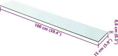 A diagram of a glass shelf with dimensions indicated.