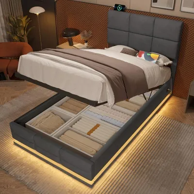 Zdjęcie produktu dla Łóżko tapicerowane o wymiarach 90x200 cm z regulowanym zagłówkiem, portami USB/Type-C, regulowanym oświetleniem LED i pojemnikiem na pościel otwieranym hydraulicznie, obita ciemnoszarym welurem