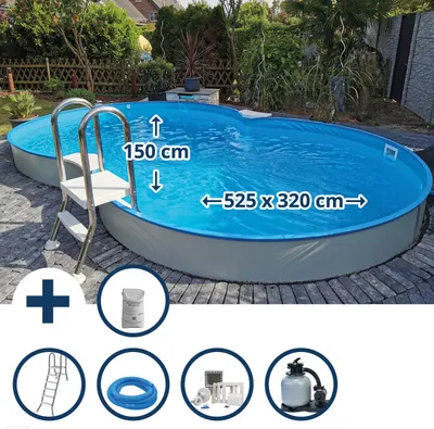 Produktbild von Stahlwandpool Set (9-teil) halbhoch achtform Calypso 525x320x150cm, Stahl 0,8mm weiß Folie 0,6mm bl.