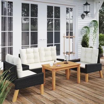 Produktbild von CLORIS 4-tlg. Garten-Lounge-Set mit Kissen Poly Rattan&Massivholz - Gartenmöbelgarnituren LL0000193532