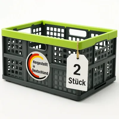 A gray folding crate with a green rim is shown against a white background. A tag with the number '2' and the word 'Stück' is attached to the crate.