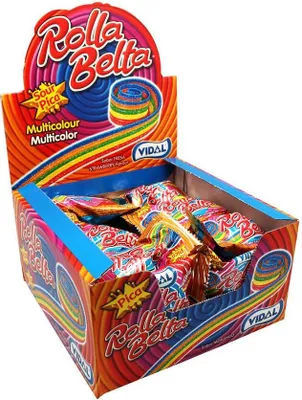 Produktbild von Display Komplett Rolla Belta Multicolour Saure, mehrfarbige Fruchtgummirolle Erdbeergeschmack 24 Stück