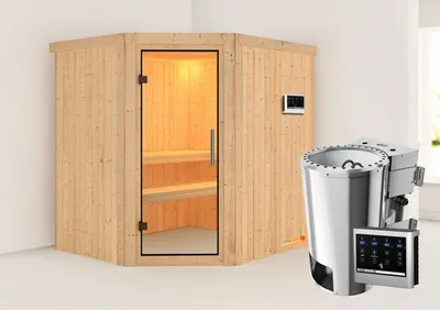 Produktbild von Karibu Sauna Innensauna Lilja Eckeinstieg Ofen 3,6 kW -Ofen externe Strg. easy 196x170x198 cm ohne Dachkranz mit Klarglastür