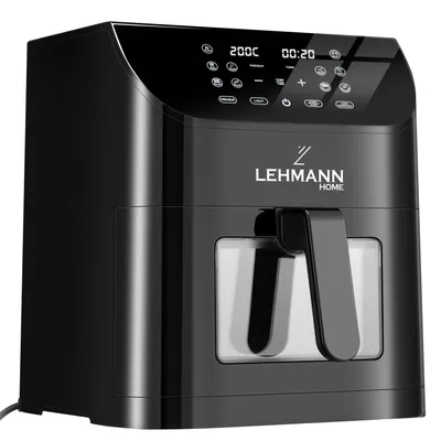 A black air fryer is displayed on a white background.