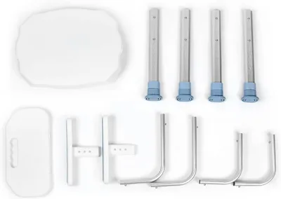 The image displays the disassembled components of a shower chair, laid out on a white background.