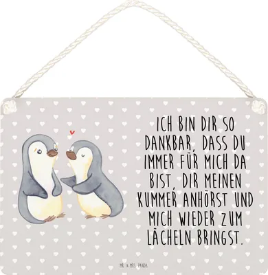Produktbild von Mr. & Mrs. Panda Schild Pinguine trösten DIN A5 - Grau Pastell - Geschenk, Freundin, Hochzeitstag, für, sprüche, Frauen, Mitbringsel, Freund, Türschild, Wandbild Holz