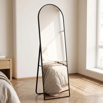 Obrázok produktu pre INONEFT Zakrivené celotělové zrkadlo, 162x53 cm, stojace zrkadlo s čiernym rámom, nástenné zrkadlo na zavesenie, vhodné do obývačky, spálne a šatne