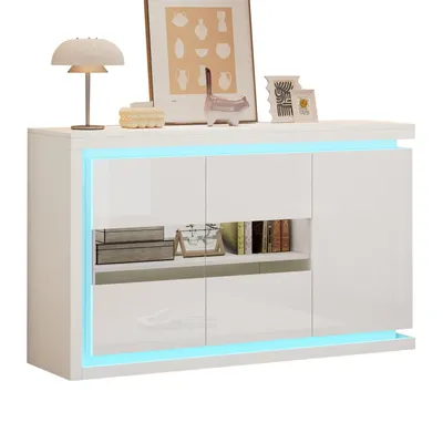 Produktbild von Wohnzimmerschrank,Moderne Kommode mit 4 Fächern,Breite 140 cm,Beistellschrank mit LED-Lichtleiste,Hochglanz-Sideboard mit Türen aus gehärtetem Glas