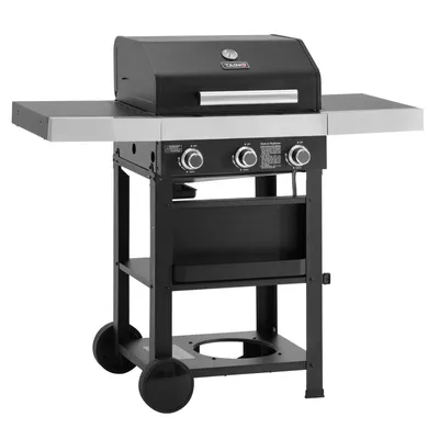 A black and silver gas grill on a white background.