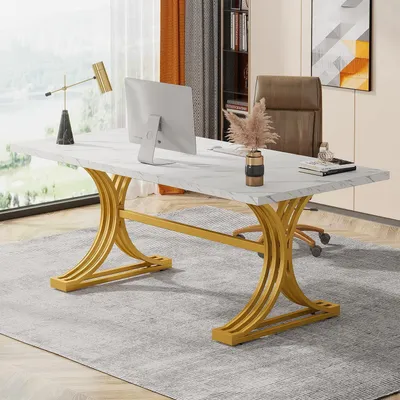 Immagine prodotto di Scrivania, tavolo per computer, 160 x 80 cm, bianco con gambe dorate
