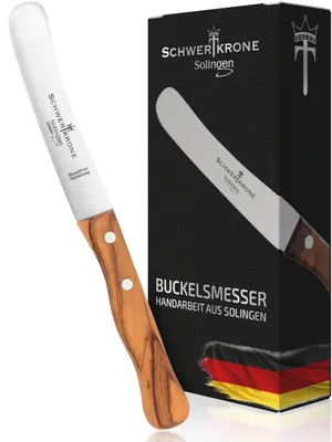 Produktbild von Schwertkrone Buckelsmesser - Das originale Frühstücksmesser aus Solingen - Edelstahl, rostfrei, Dünschliff, Olivenholz - Brötchenmesser Brotzeitmesser