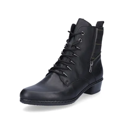 A black leather boot with laces and a side zipper, shown against a white background.