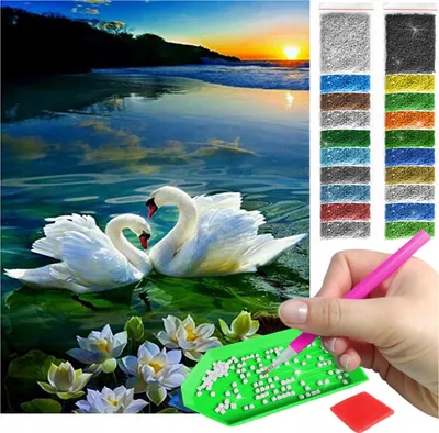 Zdjęcie produktu dla Haft diamentowy ARTULIO - Łabędzie o zachodzie słońca - 40 x 30 cm - Kwadratowe diamenty - Diamond painting, Kompletny zestaw: mozaika + akcesoria