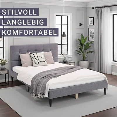 Produktbild von Homestyle4u Polsterbett 140x200 mit Lattenrost Doppelbett mit Kopfteil mit Rückenlehne Grau