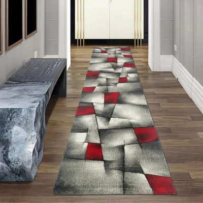 Image de Tapis design Moquette moderne Tapis de salon Tapis à poils courts avec découpe de contours Motif à carreaux Rouge Gris Blanc Noir Taille - 80 x 300 cm