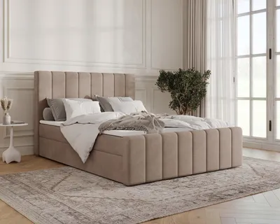 Produktbild von Boxbett 01 BIS - 180 x 200 cm mit Bettkasten und Topper, Polsterbett mit PolyurethanSchaum, gepolstertes Kopfteil mit Ziernähten, Manila Stoff, Cappuccino