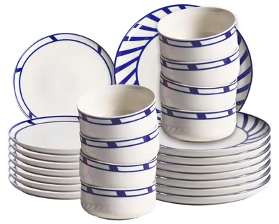 Obrázek produktu pro BELIANI Sada porcelánového nádob 24 kusů bílá a modrá glazovaná povrchová úprava zdobený okraj pro 8 osob ručně vyráběná jídelna kuchyně